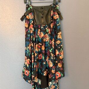 Floral High-Low Skirt with Black Leather Detail
